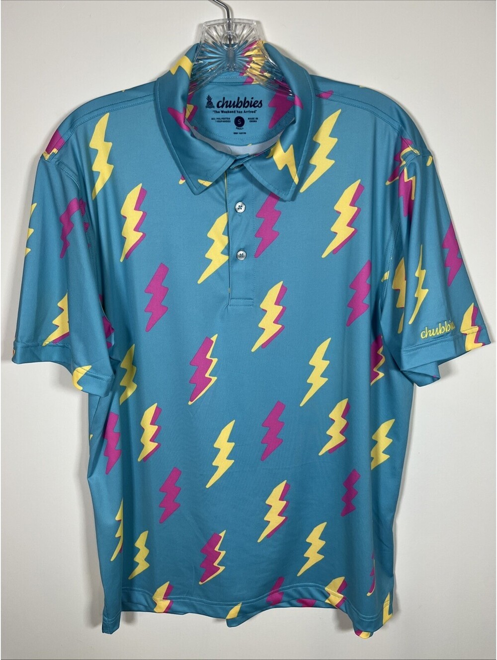 Chubbies Performance Polo Shirt Men’s Small Blue Neon, Lightning Bolt Golf UPF